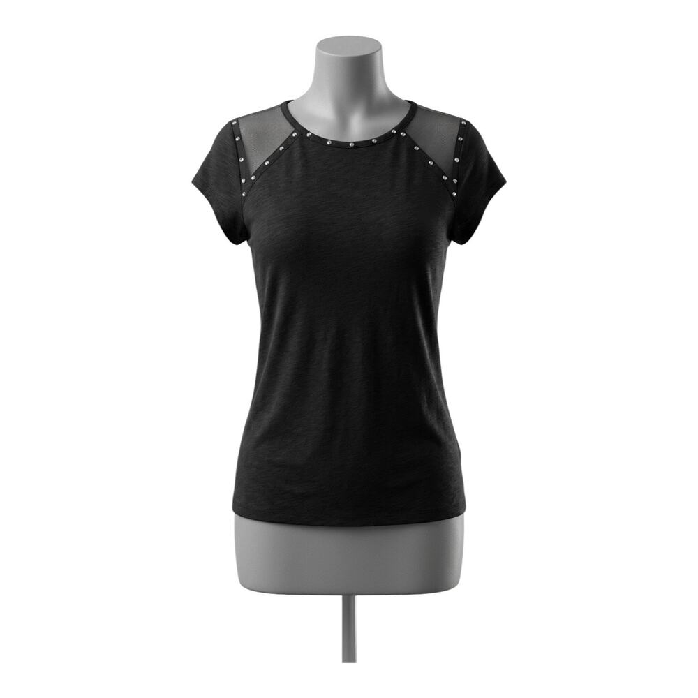 Rock & Republic Black Mesh Studded Top Shirt Size Large Short Sleeve Casual